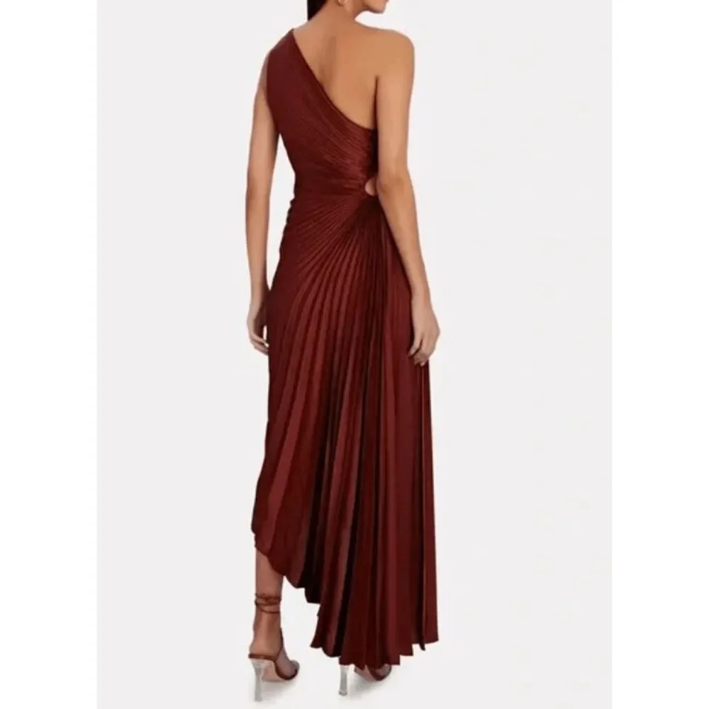 NWT A.L.C. Delfina Pleated Cutout One-Shoulder Dress in Brunette Brown Size 10 - Picture 3 of 8